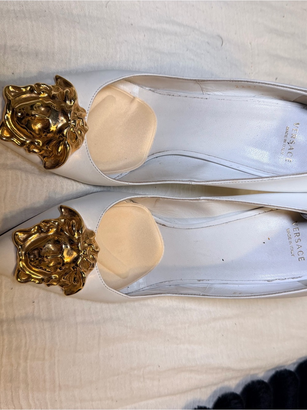 Versace White Leather Flats with Gold Medusa Detail